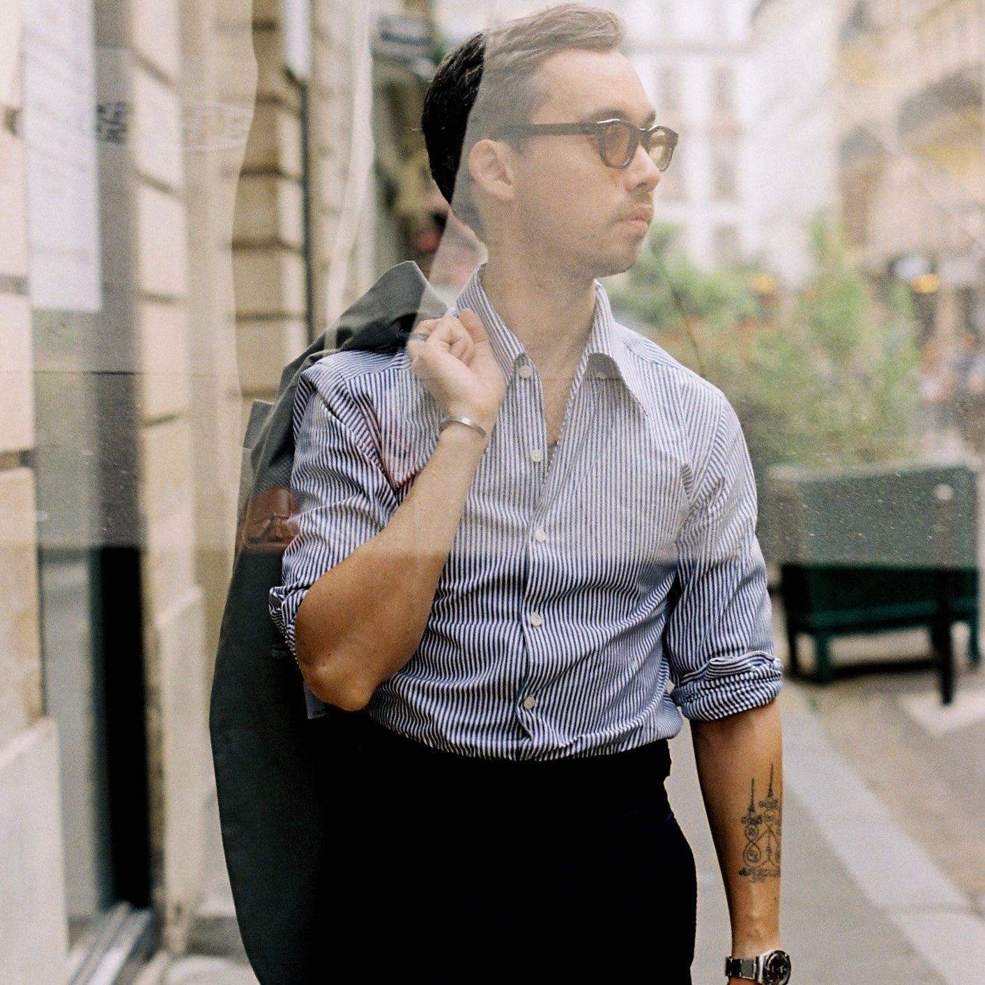 Chemise col français une pièce rayée bleu marine Somelos