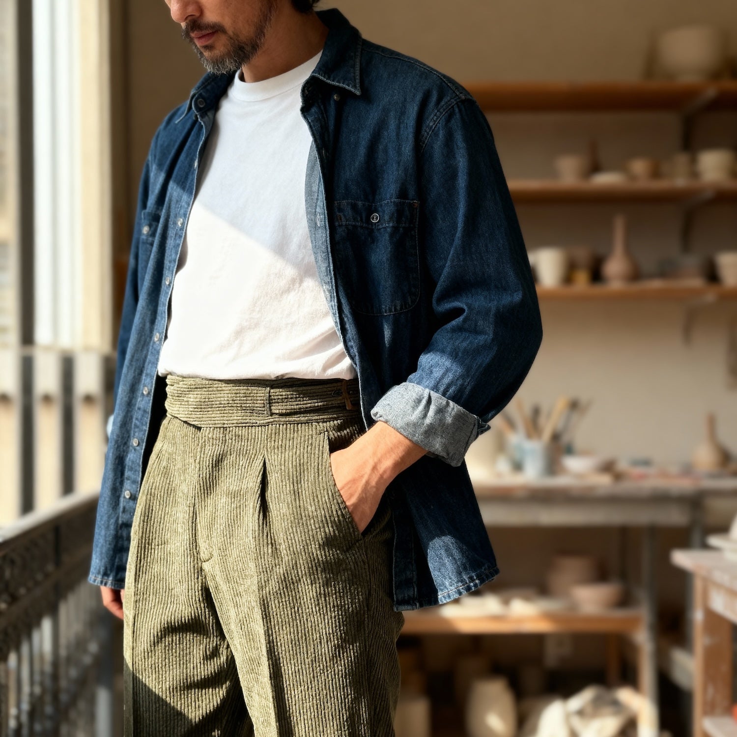 Gurkha en velours côtelé côtes moyennes Tejidos Rebes olive