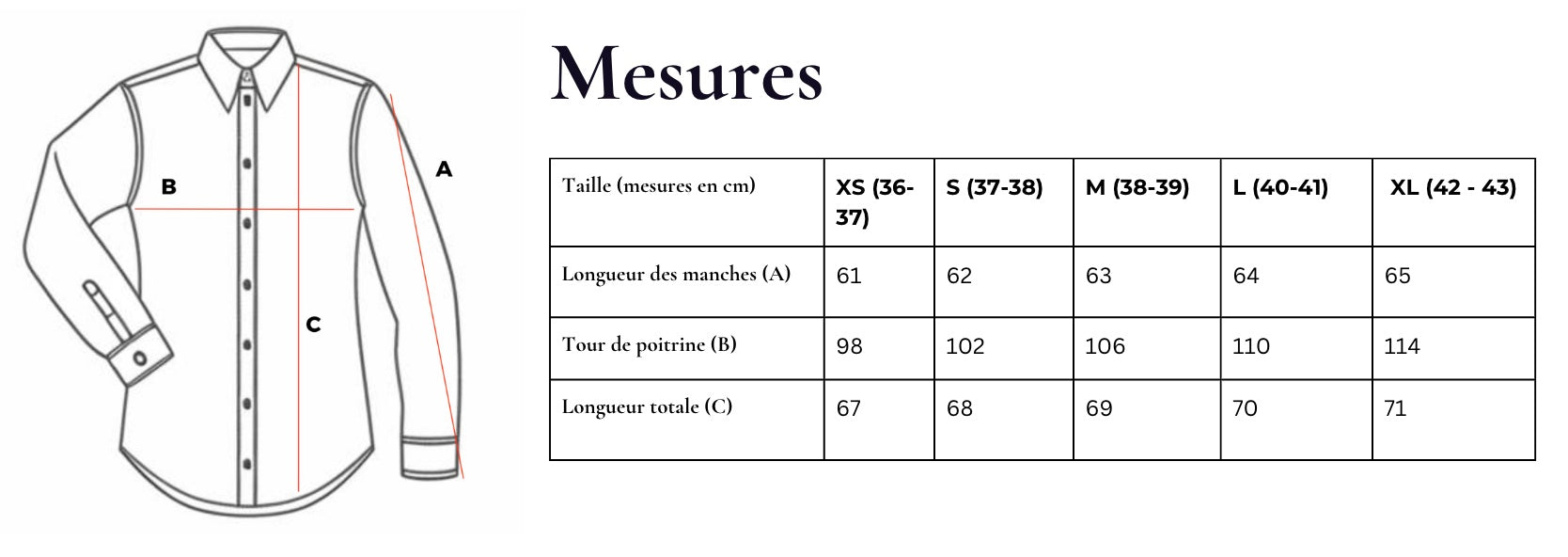 Chemises: tableau des tailles