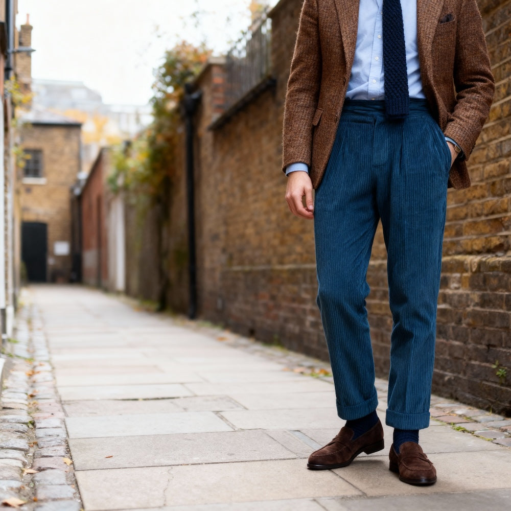 Gurkha en velours côtelé côtes moyennes Tejidos Rebes bleu canard