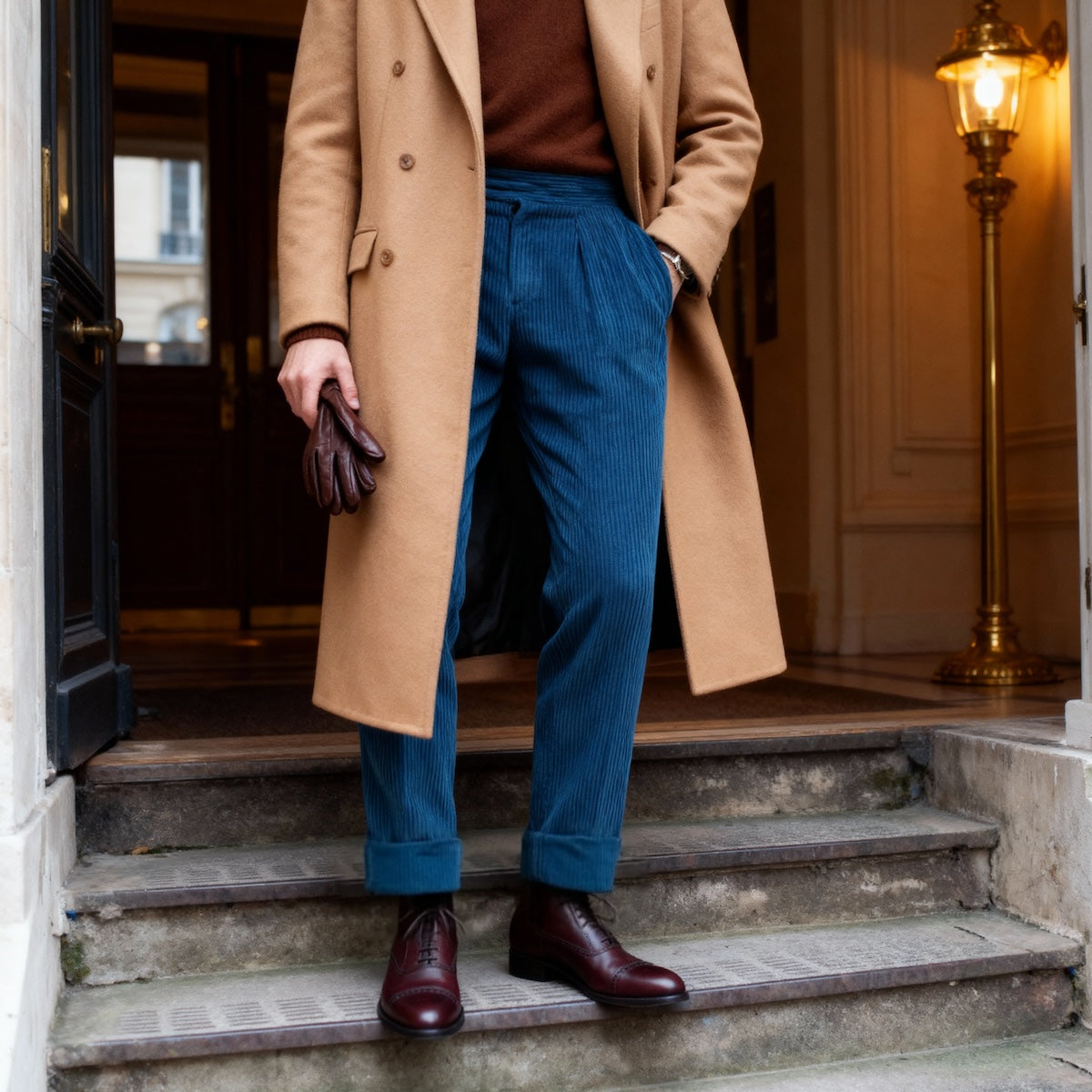 Gurkha en velours côtelé côtes moyennes Tejidos Rebes bleu canard