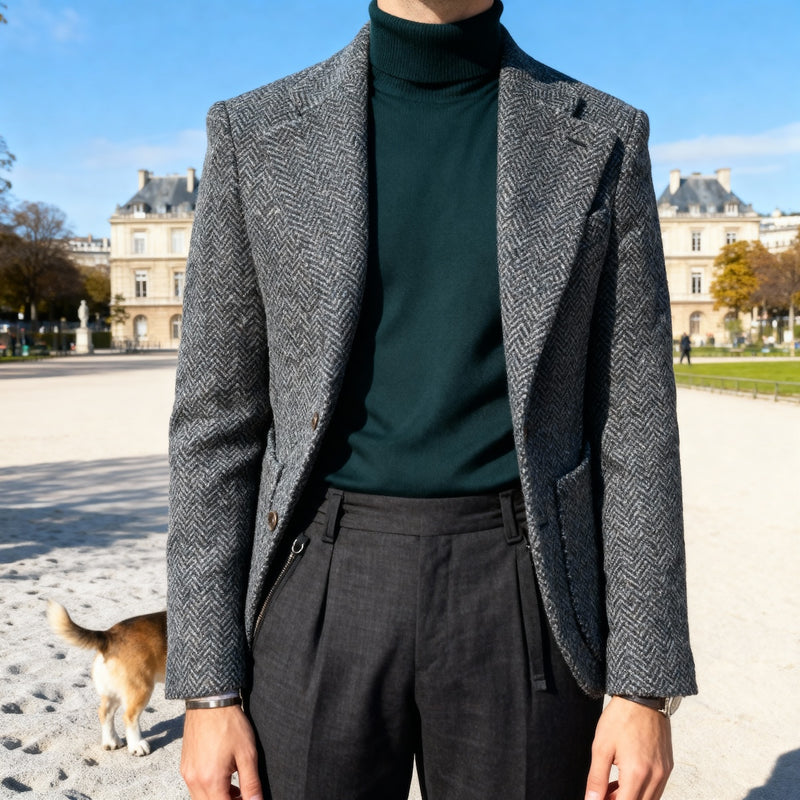 Veste cran florentin déstructurée en tweed bleu à chevrons