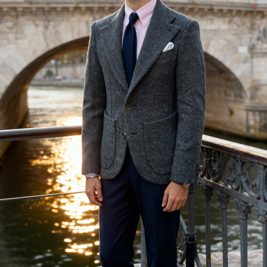 Veste cran florentin déstructurée en tweed bleu à chevrons