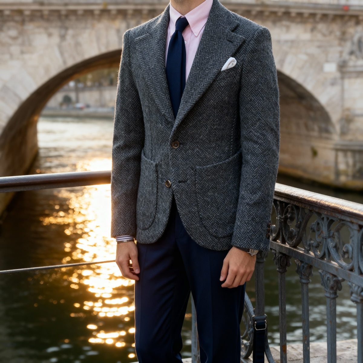 Veste cran florentin déstructurée en tweed bleu à chevrons