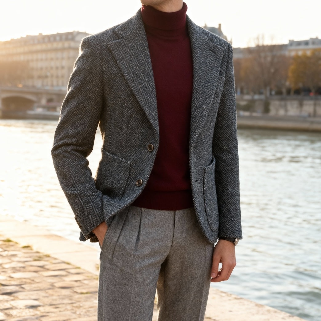 Veste cran florentin déstructurée en tweed bleu à chevrons