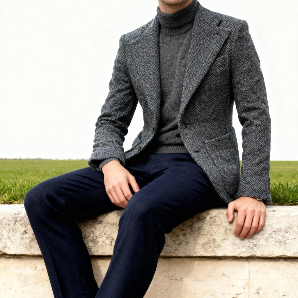 Veste cran florentin déstructurée en tweed bleu à chevrons